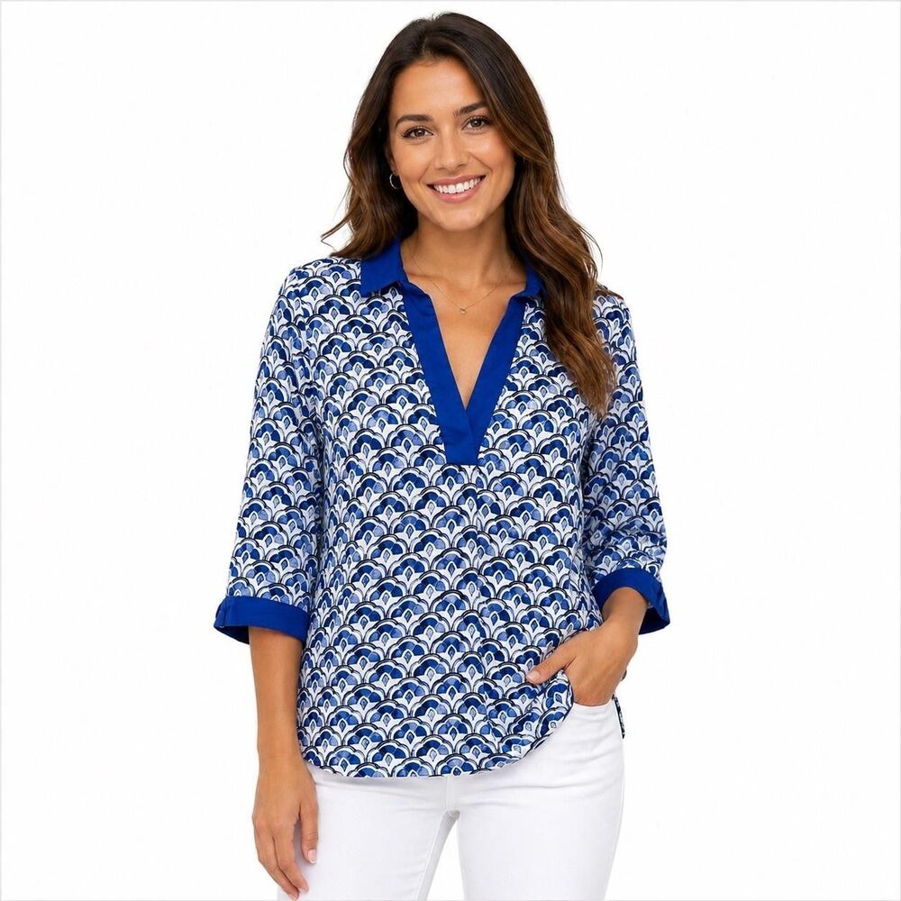 Sigrid Olsen Tunic Blouse Womens Small Blue Geometric V Neck 3/4 Sleeve Top - Picture 1 of 6